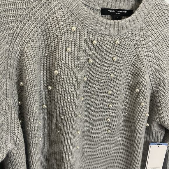 French Connection Women's Embellished Pearl Crewneck Pullover Sweater Gray Large - Picture 6 of 16